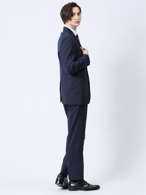 ウール混 レギュラーフィット 2ボタン2ピーススーツ チェック紺