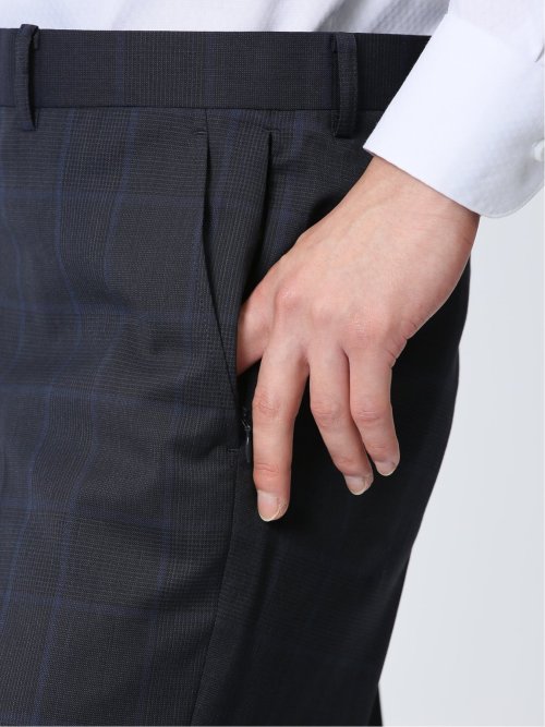 マルゾット/Marzotto ウール混 スリムフィット 2ボタン3ピーススーツ チェック紺