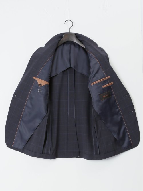 マルゾット/Marzotto ウール混 スリムフィット 2ボタン2ピーススーツ チェック紺