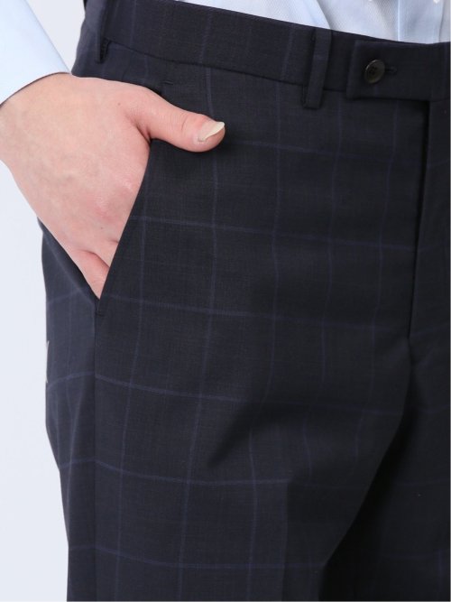 マルゾット/Marzotto ウール混 スリムフィット 2ボタン2ピーススーツ チェック紺