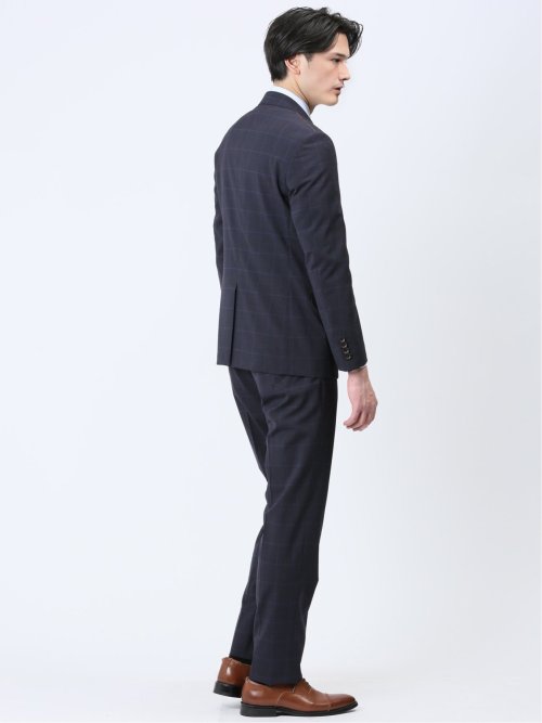 マルゾット/Marzotto ウール混 スリムフィット 2ボタン2ピーススーツ チェック紺