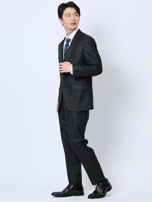 ウール混ウォッシャブル レギュラーフィット 2ボタン2ピーススーツ シャドーストライプ黒