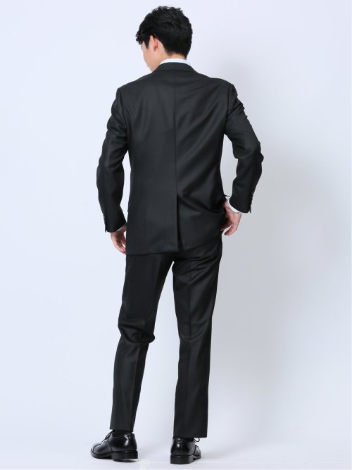 ウール混ウォッシャブル レギュラーフィット 2ボタン2ピーススーツ シャドーストライプ黒