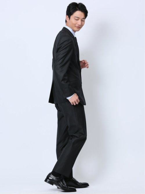 ウール混ウォッシャブル レギュラーフィット 2ボタン2ピーススーツ シャドーストライプ黒