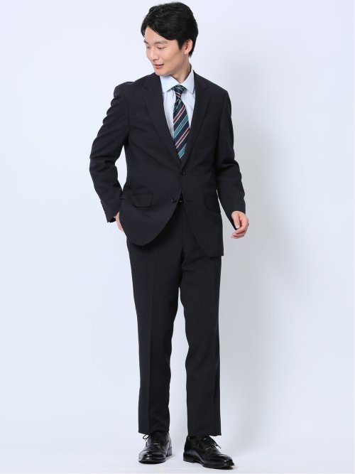 ストレッチウォッシャブル レギュラーフィット 2ボタン2ピーススーツ ストライプ紺