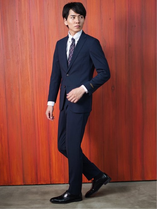 ウール混ストレッチ レギュラーフィット 2ボタン2パンツスーツ 無地紺