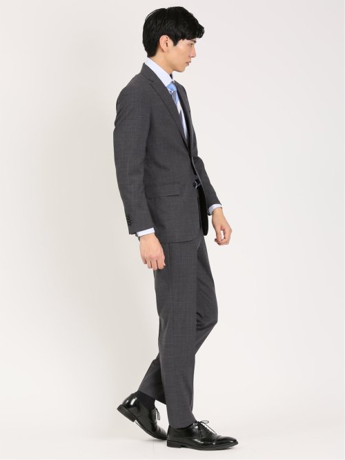 ウール混ストレッチ レギュラーフィット 2ボタン2パンツスーツ 組織柄グレー