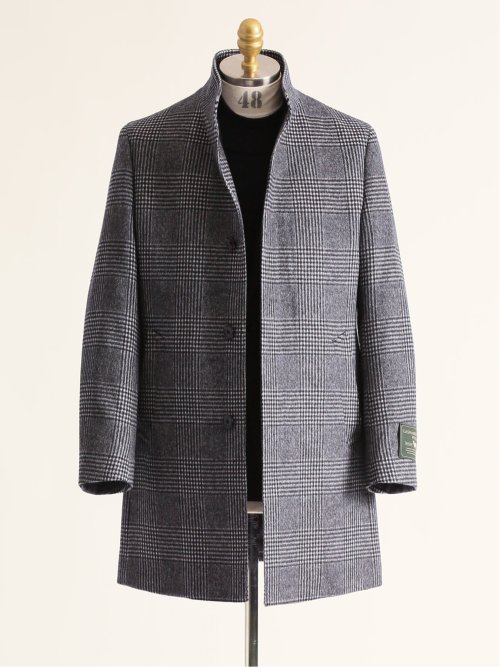 カシミヤ混ウール スタンドコート グレンチェック