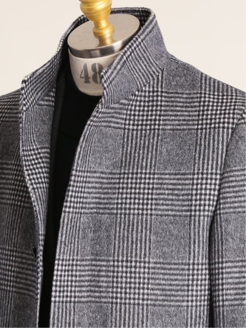 カシミヤ混ウール スタンドコート グレンチェック