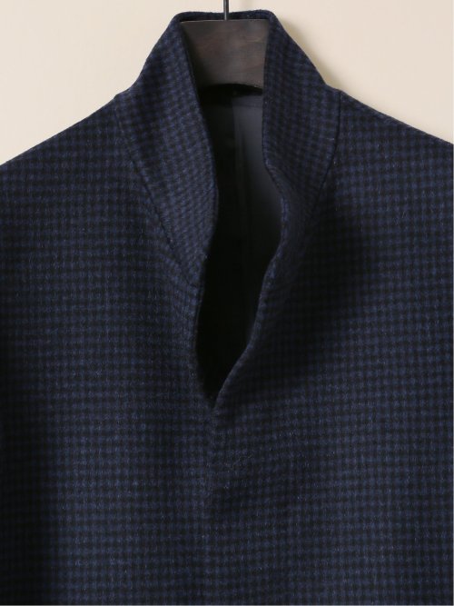 カシミヤ混ウール スタンドコート チェック紺