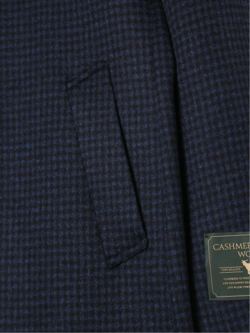 カシミヤ混ウール スタンドコート チェック紺