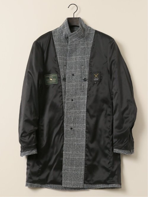 カシミヤ混ウール スタンドコート チェックシロ×クロ