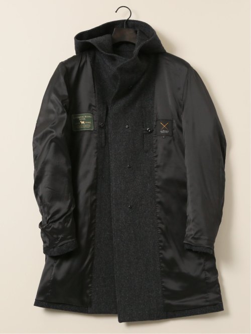 カシミヤ混ウール フードコート ヘリンボングレー(M 06グレー