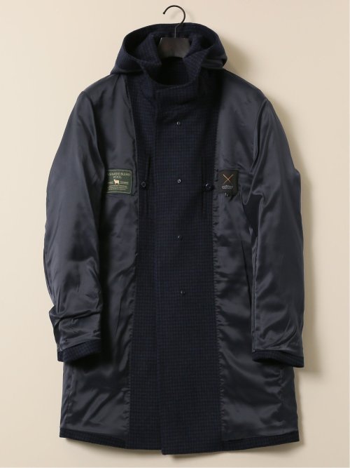 カシミヤ混ウール フードコート チェック紺