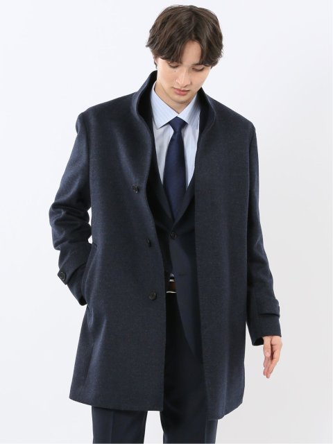 ウール100% スタンドカラーコート 無地青