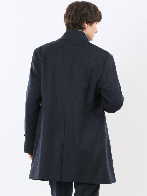 ウール100% スタンドカラーコート 無地青
