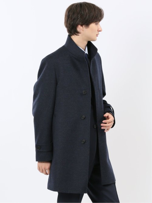 ウール100% スタンドカラーコート 無地青