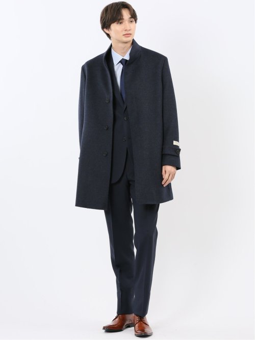 ウール100% スタンドカラーコート 無地青