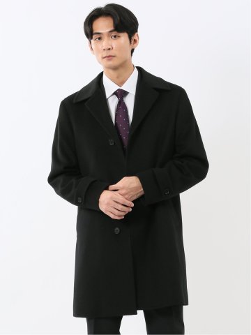 ウール100% ステンカラーコート 無地黒
