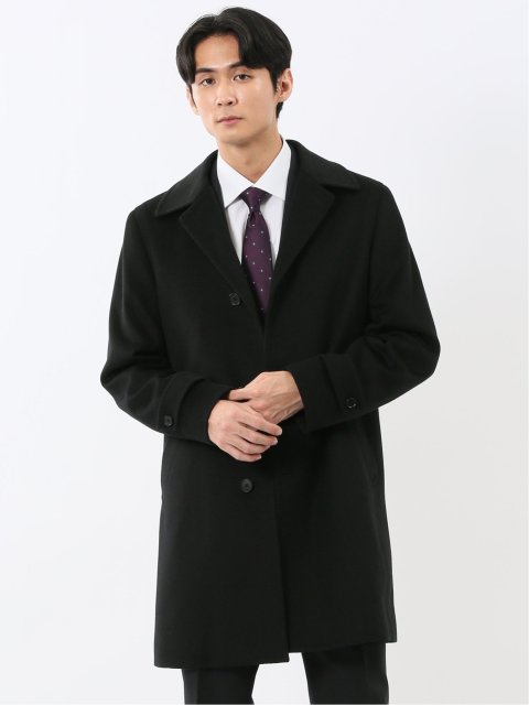 ウール100% ステンカラーコート 無地黒