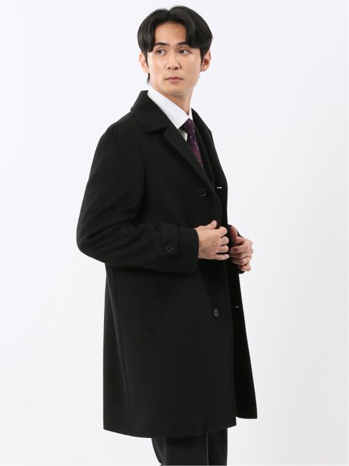 ウール100% ステンカラーコート 無地黒