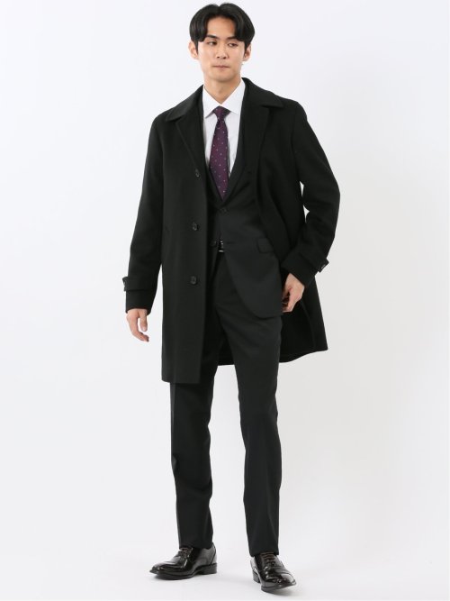 ウール100% ステンカラーコート 無地黒
