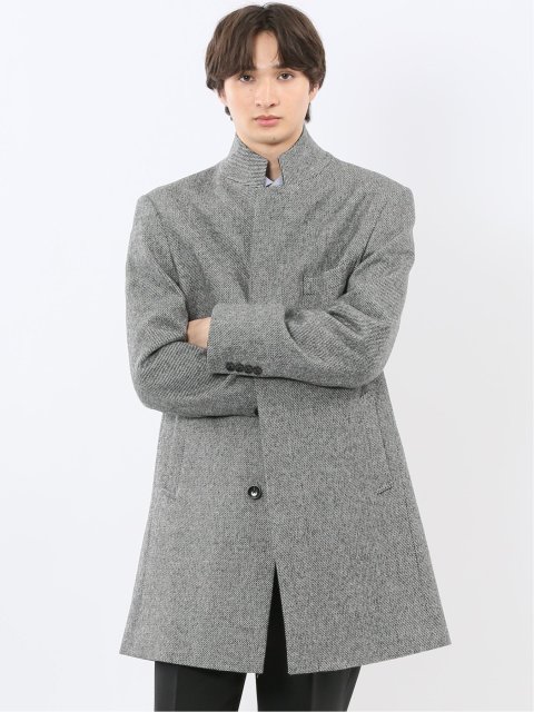 アンゴラ混ウール スタンドコート カルゼ杢グレー