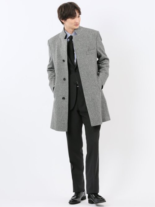 アンゴラ混ウール スタンドコート カルゼ杢グレー
