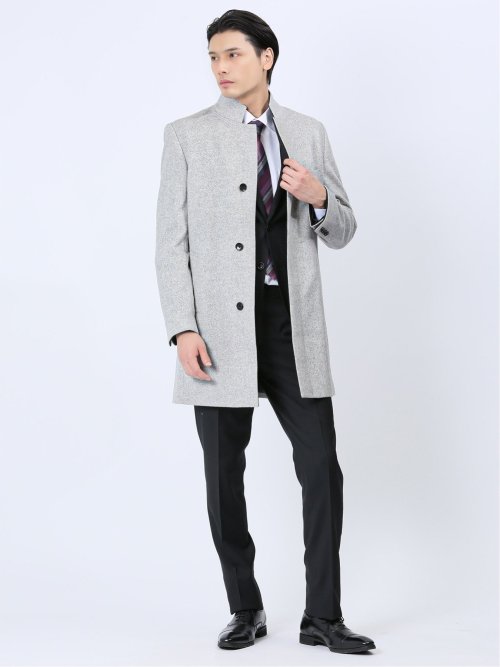 カシミヤアンゴラ混ウール スタンドコート ライトグレー