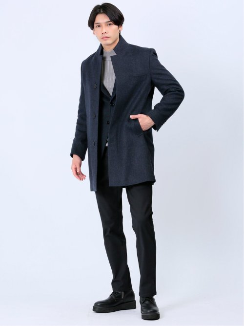 カシミヤアンゴラ混ウール スタンドコート 紺