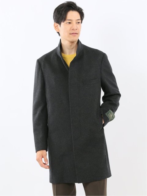 カシミヤ混ウール スタンドカラーコート 無地グレー