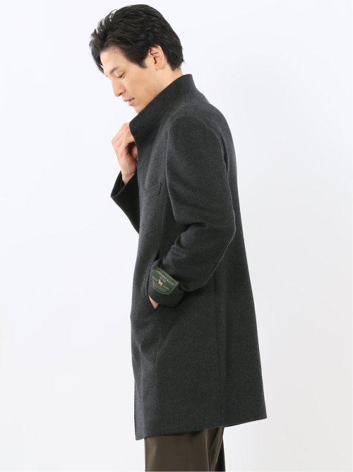 カシミヤ混ウール スタンドカラーコート 無地グレー