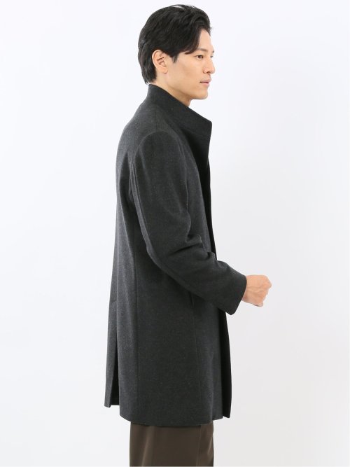 カシミヤ混ウール スタンドカラーコート 無地グレー