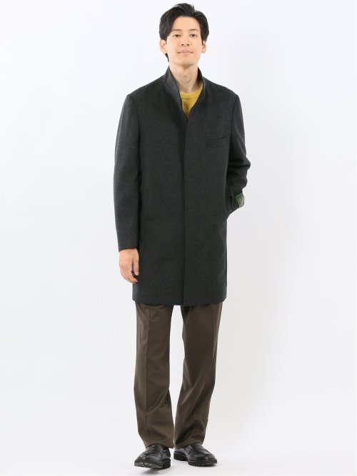 カシミヤ混ウール スタンドカラーコート 無地グレー