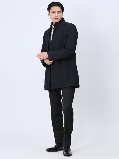 撥水防風 イタリアンカラーコート ヘリンボン紺