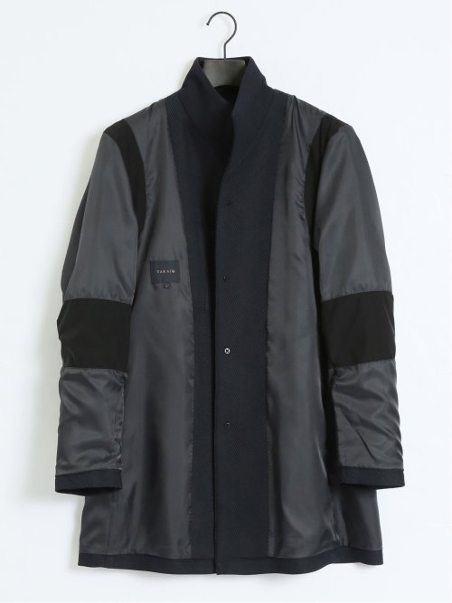 撥水防風 イタリアンカラーコート ヘリンボン紺