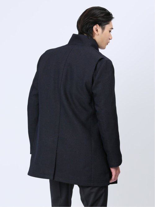 撥水防風 イタリアンカラーコート ヘリンボン紺