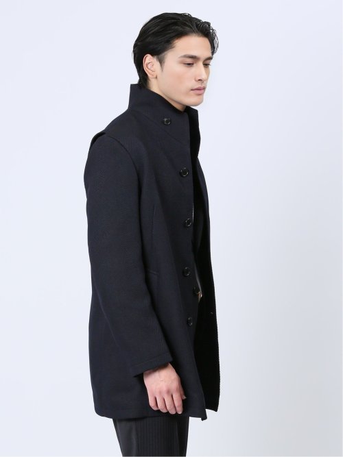 撥水防風 イタリアンカラーコート ヘリンボン紺