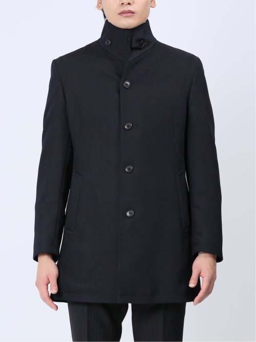 撥水防風 イタリアンカラーコート ヘリンボン紺