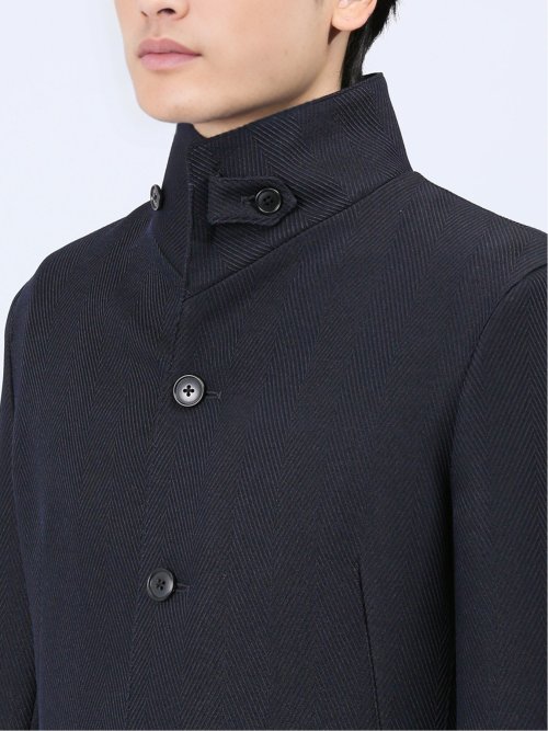 撥水防風 イタリアンカラーコート ヘリンボン紺