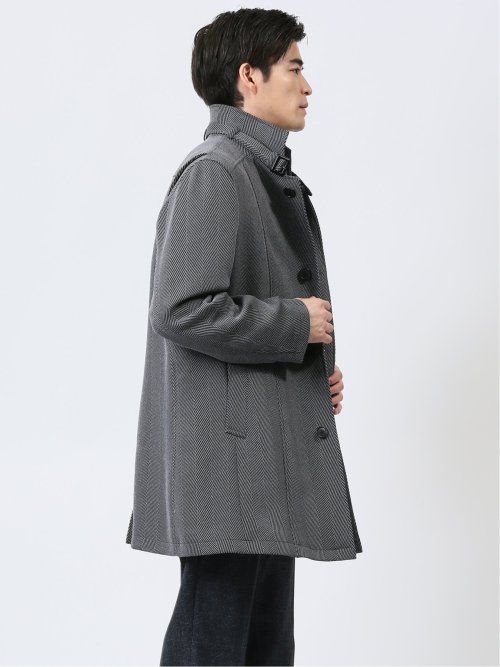 撥水 スタンドカラーコート ヘリンボングレー