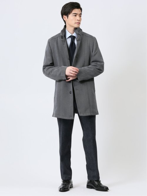 撥水 スタンドカラーコート ヘリンボングレー