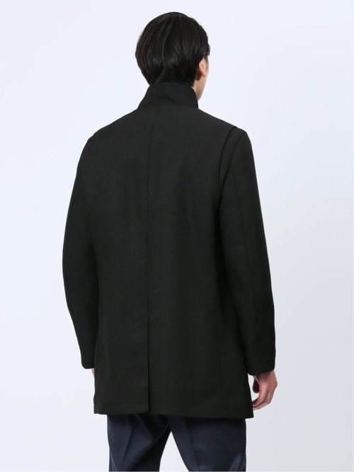 撥水防風 イタリアンカラーコート ヘリンボン黒