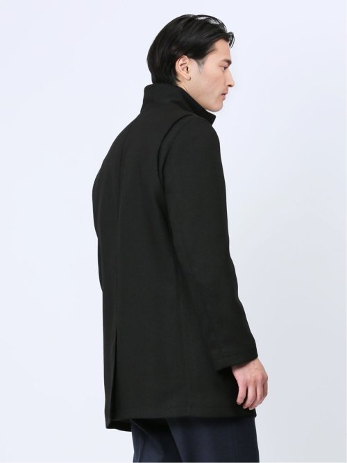 撥水防風 イタリアンカラーコート ヘリンボン黒