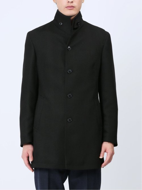 撥水防風 イタリアンカラーコート ヘリンボン黒