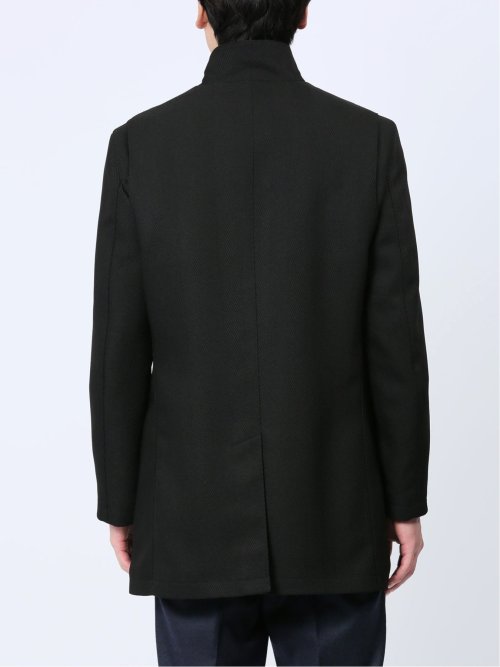 撥水防風 イタリアンカラーコート ヘリンボン黒