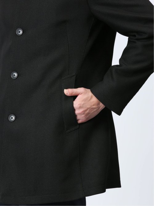 撥水防風 イタリアンカラーコート ヘリンボン黒