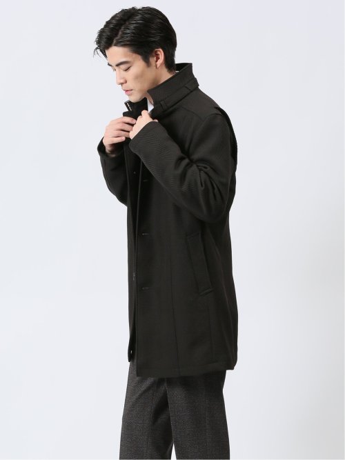 撥水 スタンドカラーコート ヘリンボン茶