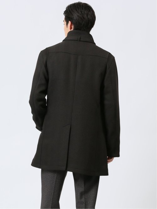 撥水 スタンドカラーコート ヘリンボン茶