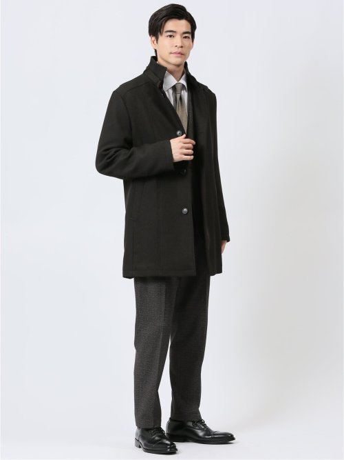 撥水 スタンドカラーコート ヘリンボン茶